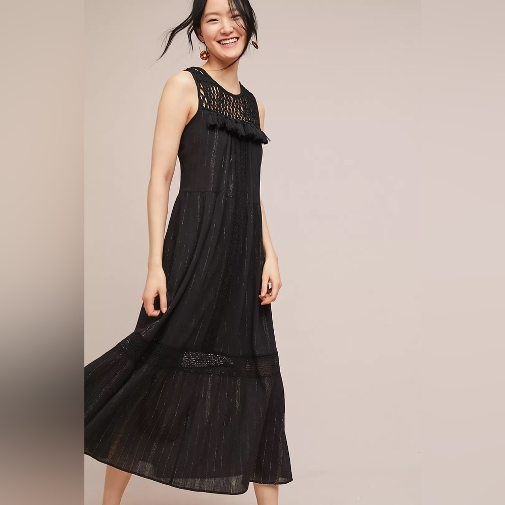 Anthropologie Maeve Black and Gold Shimmer Sleeveless Albilene Maxi Dress